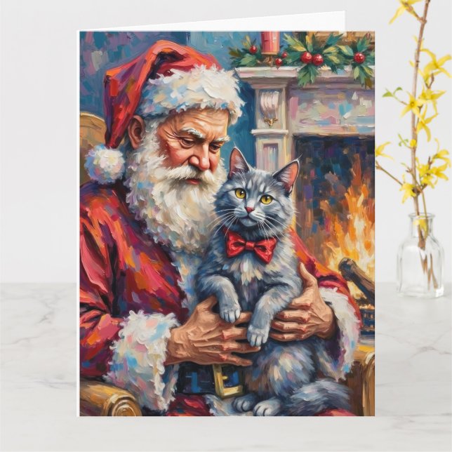 Cartão Santa Claus Oriental Blue Cat Christmas Art (Flor Amarela)