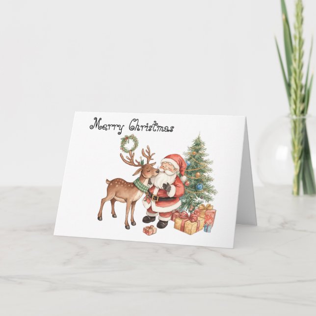 Cartão Santa Claus with reindeer whimsical Greeting Card (Frente)