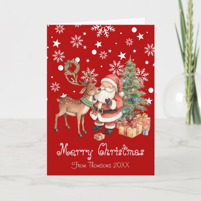 Cartão Santa Claus with reindeer whimsical Greeting Card (Frente)