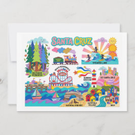 Cartão Santa Cruz Illustrated Map Boardwalk Beach Surfing