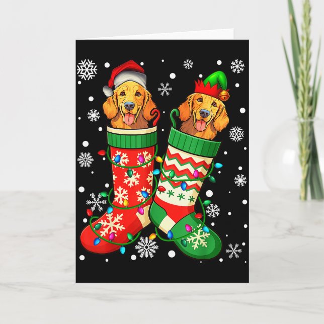 Cartão Santa Elf Golden Retriever Dog In Christmas Socks  (Frente)