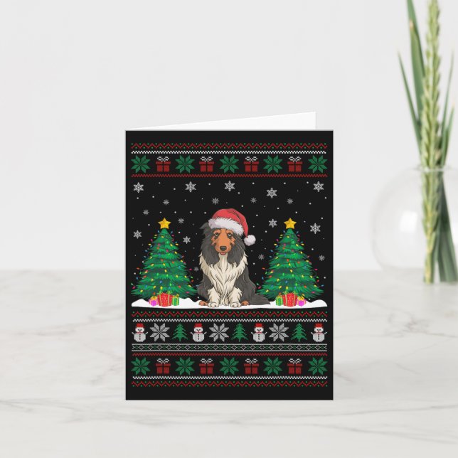 Cartão Santa Hat Bearded Collie Dog Xmas Tree Luzes Feias (Frente)