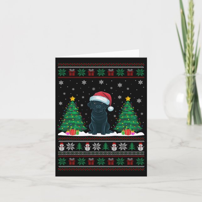 Cartão Santa Hat Black Labrador Dog Xmas Tree Luzes Feias (Frente)