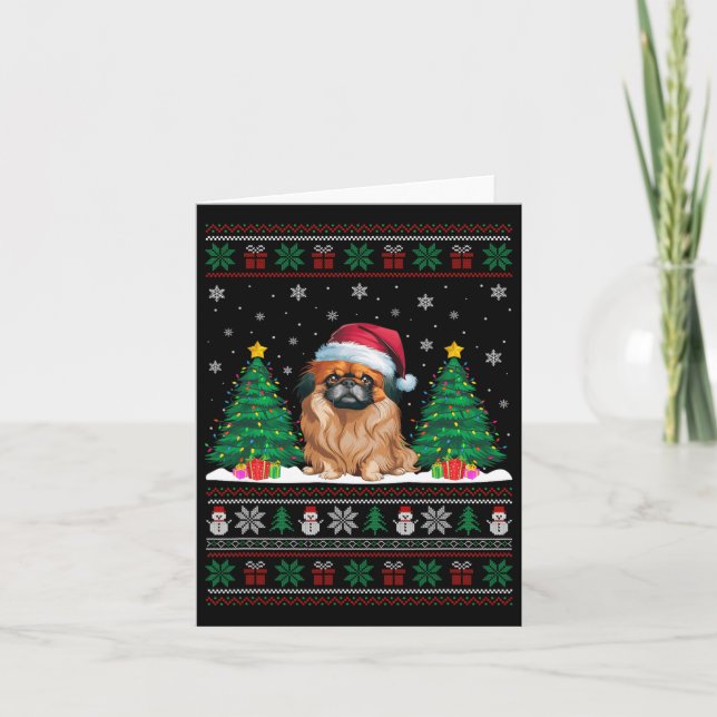 Cartão Santa Hat Pekingese Cachorro Árvore de Natal Luzes (Frente)