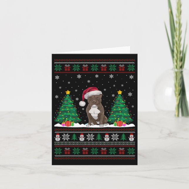 Cartão Santa Hat Pitbull Cão Árvore de Natal Luzes Feias (Frente)