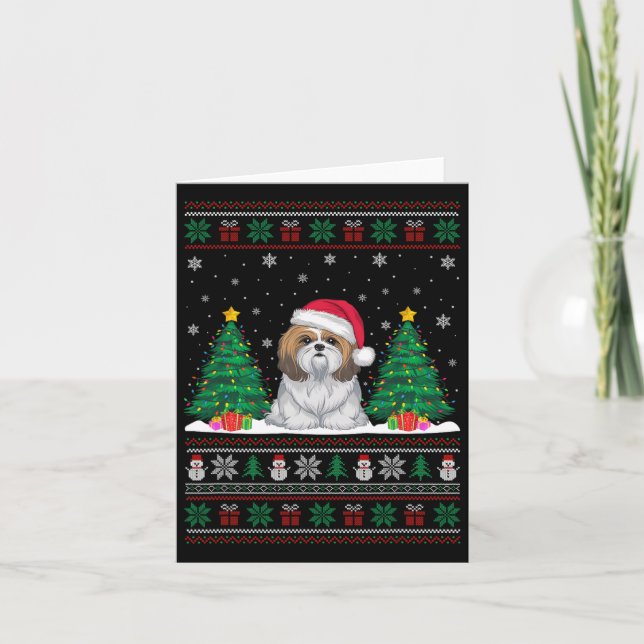 Cartão Santa Hat Shih Tzu Dog Árvore de Natal Luzes Feias (Frente)