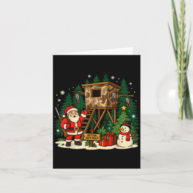 Cartão Santa Hunting Cabin Funny Christmas Better Not Ut  (Frente)