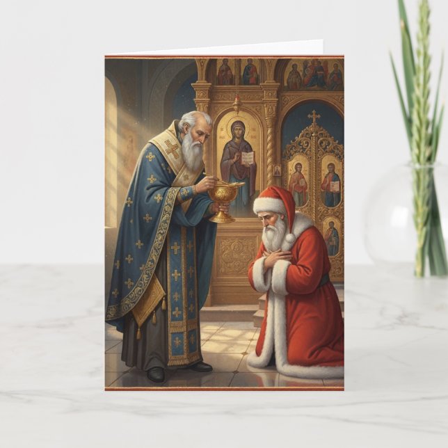Cartão Santa recebendo comunhão na igreja ortodoxa (Frente)