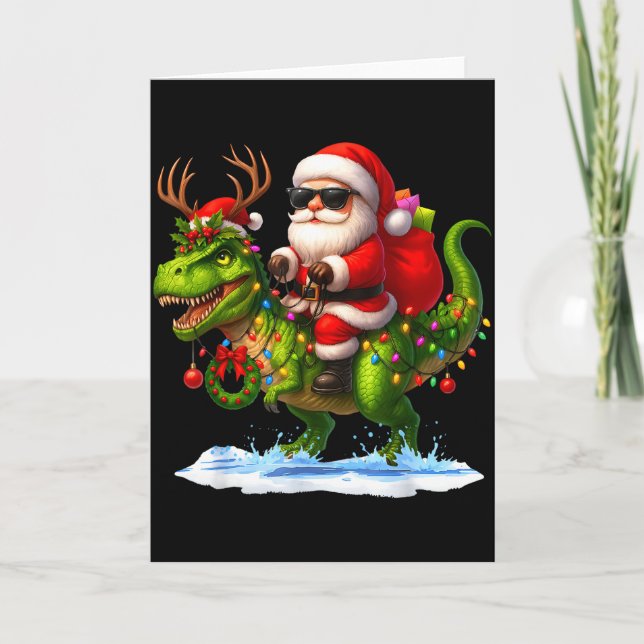 Cartão Santa Riding Dinosaur T Rex Christmas Boys Men Xma (Frente)