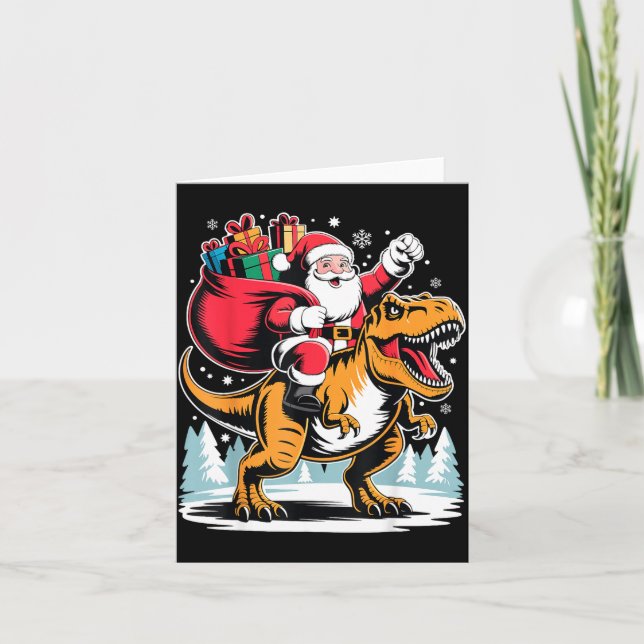 Cartão Santa Riding Dinosaur T Rex Christmas Boys Xmas  (Frente)