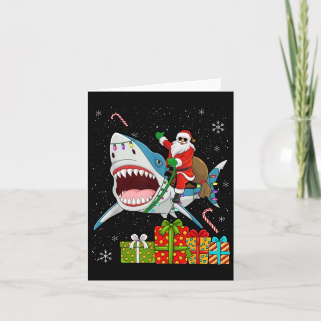 Cartão Santa Riding Shark Christmas Pajama Cute Ocean Ani (Frente)