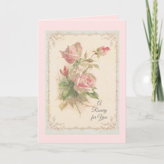 Cartão Santa Rosária com rosas rosa Oração (Frente)