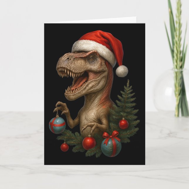Cartão Santa T-rex Christmas Funny Dinosaur Holiday  (Frente)