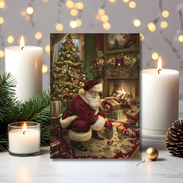 Cartão Santa's Magical Christmas Delivery  (Santa delivers gifts by firelight in this nostalgic Christmas greeting card)