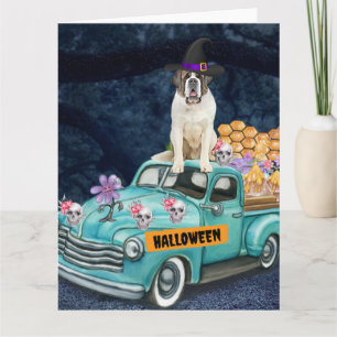 Cartão Santo Bernard Dog Halloween Truck Noite Assustador