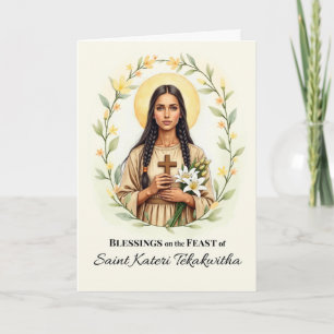 Cartão Santo Kateri Tekakwita Banquete Day Blessings Wrea