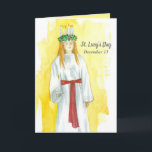 Cartão Santo Lucy Banquete Day Dezembro 13 Christian<br><div class="desc">Uma carta de boas-vindas em honra do dia de banquete para a Rua. Ela veste uma coroa de velas e colos e está vestida com um roupão branco elegante segurando uma vela desenhada com lápis e aquarela. Na dentro está um pouco de verde e uma bela sombra de amarelo. Você...</div>