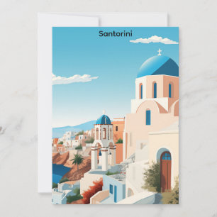 Cartão Santorini Retro Grécia Mediterrâneo Azul e Branco