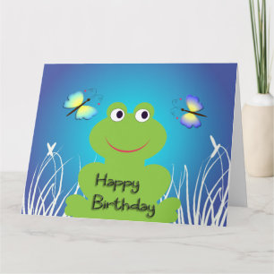 Cartão Sapo bonito e borboleta.Feliz aniversário