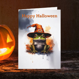 Cartão Sapo Caprichoso Chapéu de Bruxa Laranja Halloween