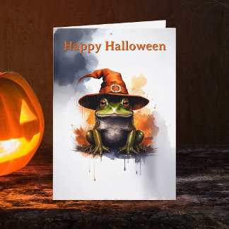 Cartão Sapo Caprichoso Chapéu de Bruxa Laranja Halloween