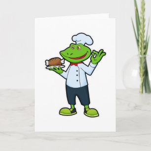 Cartão Sapo como cozinheiro com prato de servir e frango