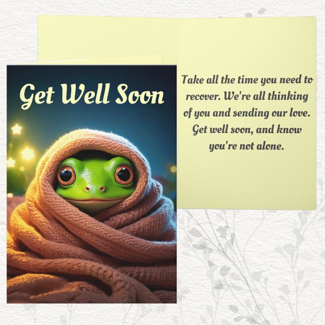 Cartão Sapo Cozy Consiga Bem Em Breve Cartão: Conforto E  (Get well soon frog cozy blanket feel better well wishes card family friend colleague recovery heal)