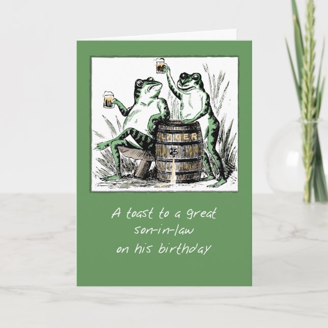 Cartão Sapos de aniversário do genro brindando com cervej (Frente)