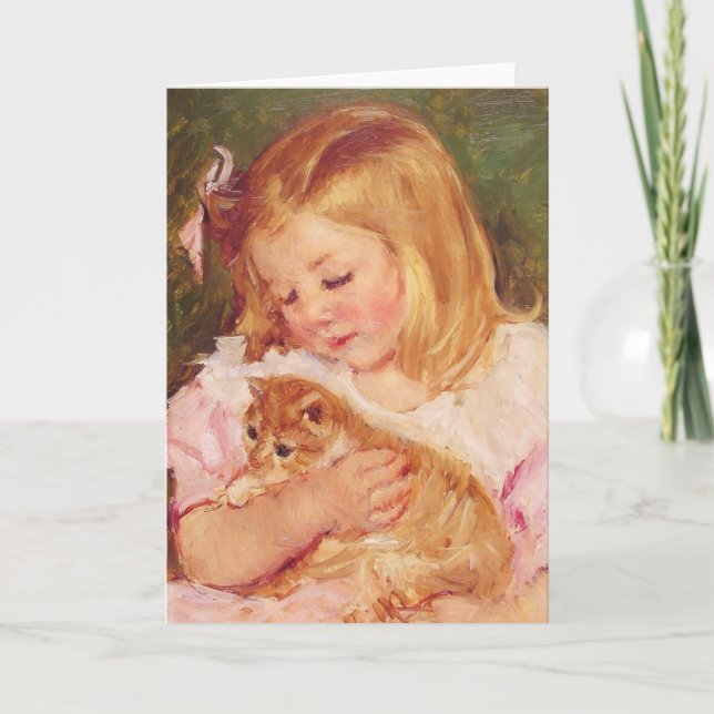 Cartão Sara holding a cat c. 1908 Mary Cassatt (Frente)