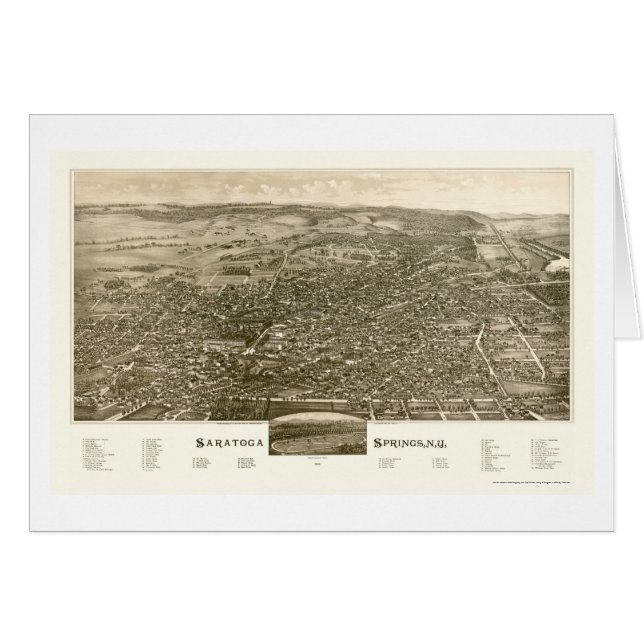 Cartão Saratoga Springs, mapa panorâmico de NY - 1888 (Frente Horizontal)