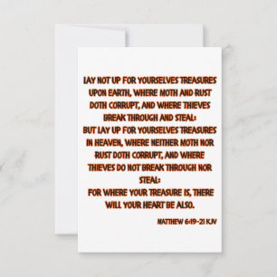 Cartão Saudação da Escritura de Bíblia do Matthew 6:19-21