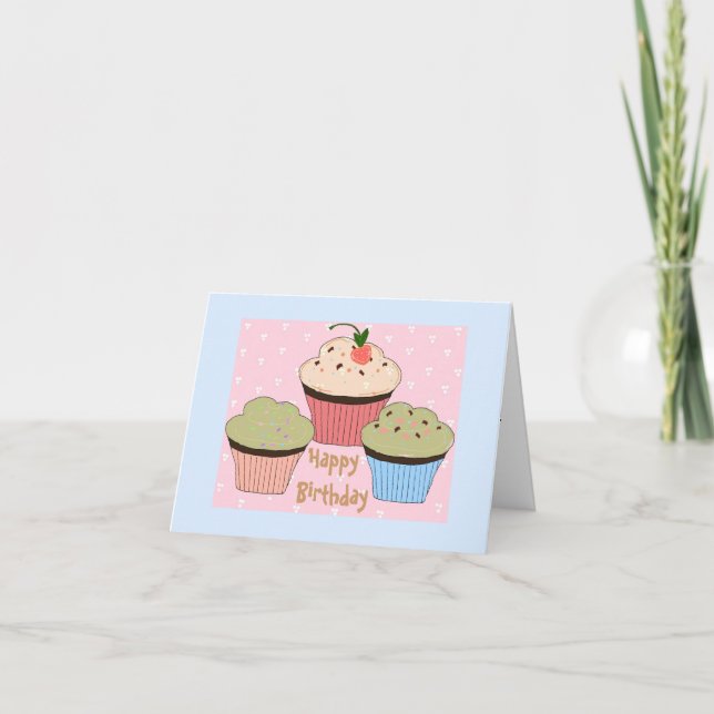Cartão Saudação de Aniversário com Cupcake (Frente)