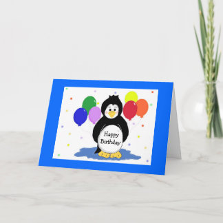 Cartão Saudação de Aniversário com Pinguins e Balões