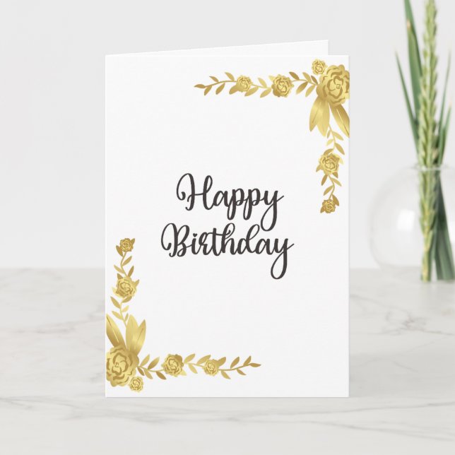 Cartão Saudação de Aniversário Feliz e Dourado Floral (Frente)