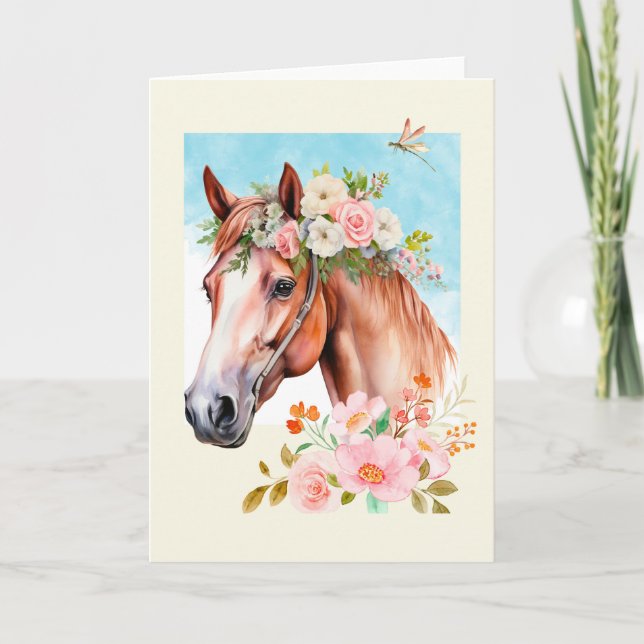 Cartão Saudação de Cavalo e Flores de Aquarelas (Frente)