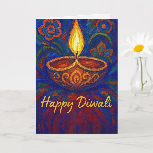 Cartão Saudação de Diya Happy Diwali, pintada com vibraçã (Planta pequena)