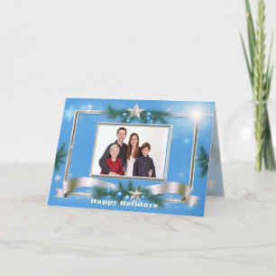 Cartão Saudação de Foto de Férias em Azul com Quadro de P