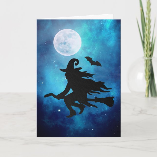 Cartão Saudação de Halloween de Bruxa Voadora (Frente)
