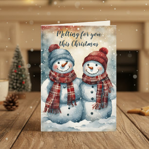 Cartão Saudação de Natal com Casal de Snowman Reproduzido