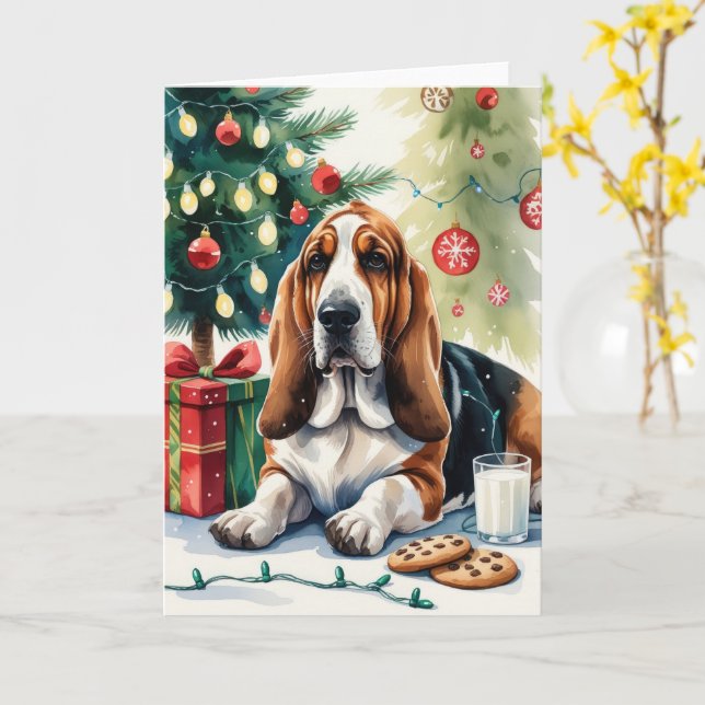 Cartão Saudação de Natal do Cachorro Basset (Flor Amarela)