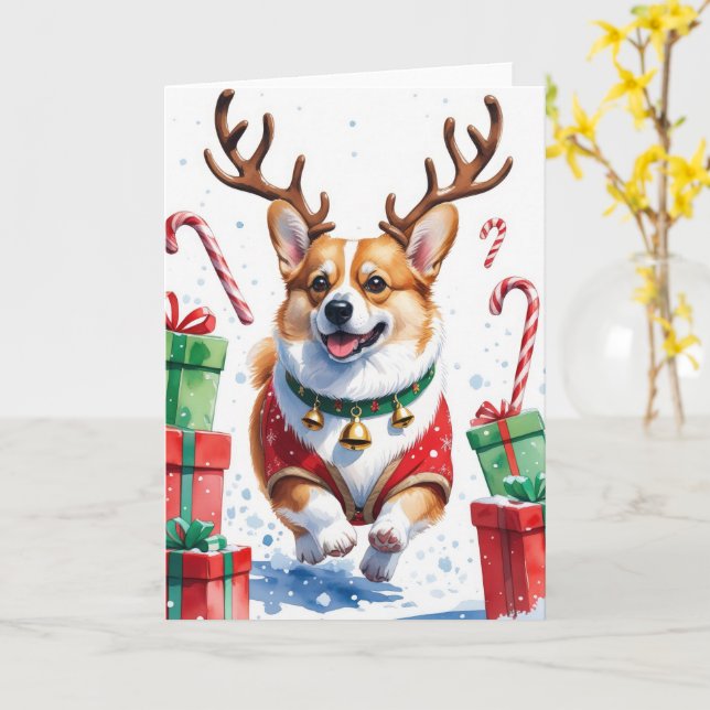 Cartão Saudação de Natal do Cão Corgi (Flor Amarela)