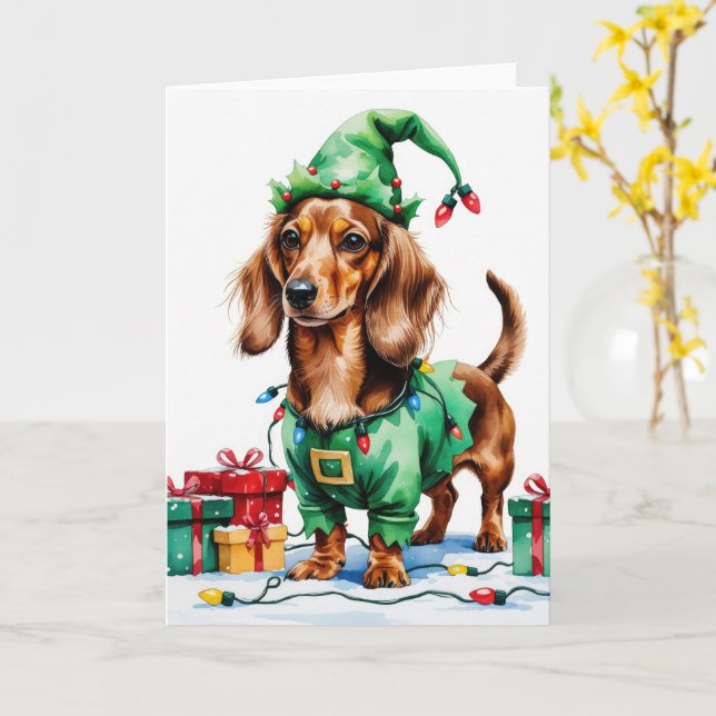 Cartão Saudação de Natal do Cão de Dachshund (Flor Amarela)