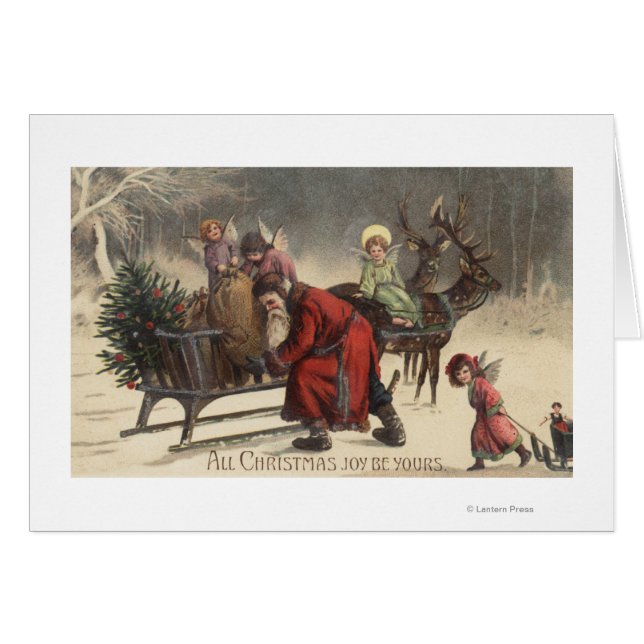Cartão Saudação de NatalSanta e Sleigh (Frente Horizontal)