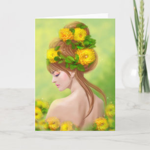 Cartão Saudação Mulher bonita de flores amarelas