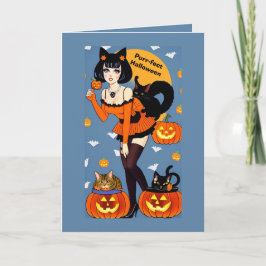 Cartão Saudação Purr-Efeito do Halloween com a Senhora do