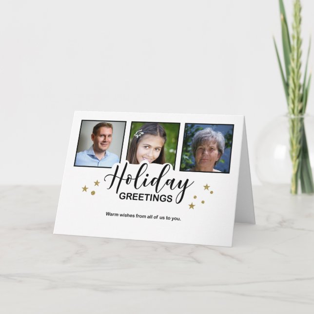 Cartão Saudações de Férias Branco 3 Foto Efeito Brilho (Frente)