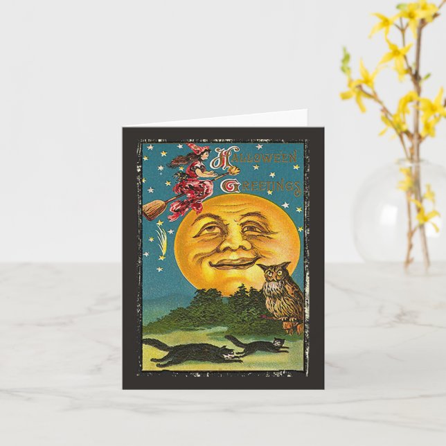 Cartão Saudações de Hallowe'en Coruja de Lua Cheia Bruxa  (Flor Amarela)
