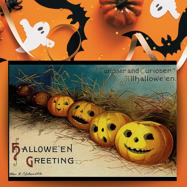 Cartão Saudações de Halloween de Abóboras Jack O Lanterns (Vintage Jack O Lanterns Halloween Greetings Downloadable Card with editable message.)
