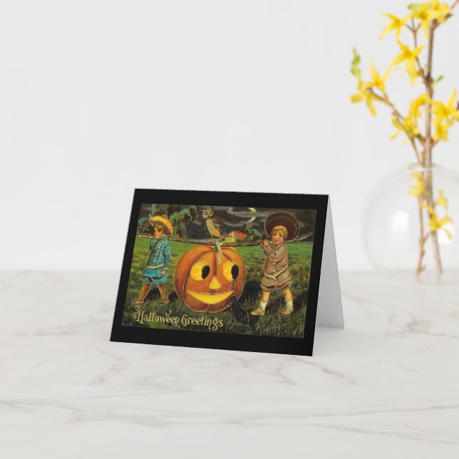 Cartão Saudações de Halloween Garotos Jack O Lantern Vint (Flor Amarela)