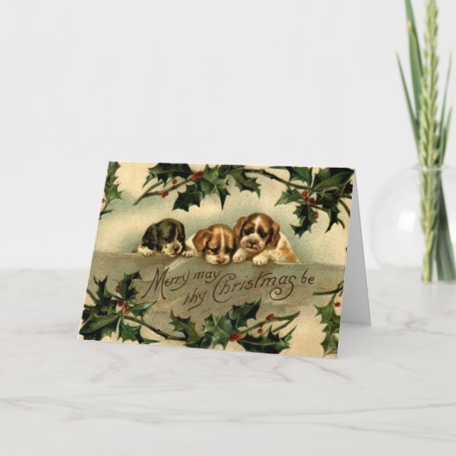 Cartão Saudações de Natal de Filhotes de Holly (Frente)